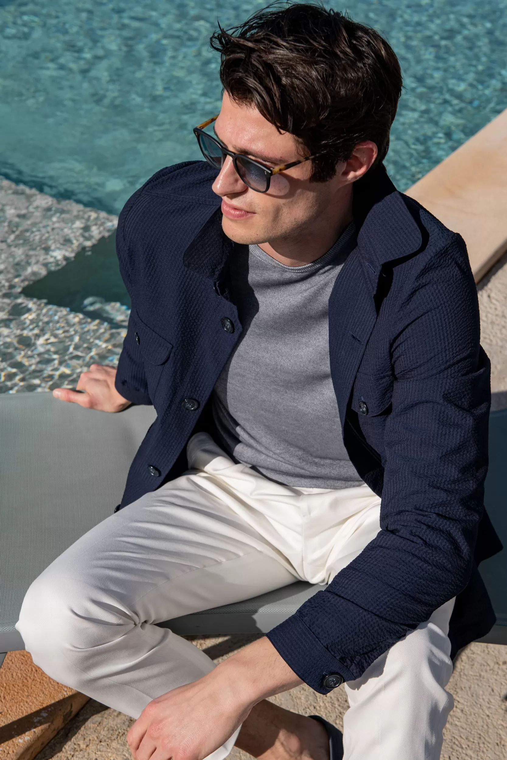 Best Pini Parma Giacca Safari Blu In Seersucker Loro Piana – Made In Italy