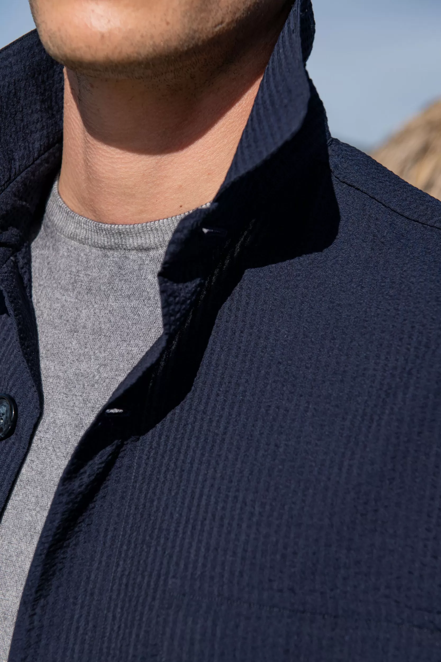 Best Pini Parma Giacca Safari Blu In Seersucker Loro Piana – Made In Italy
