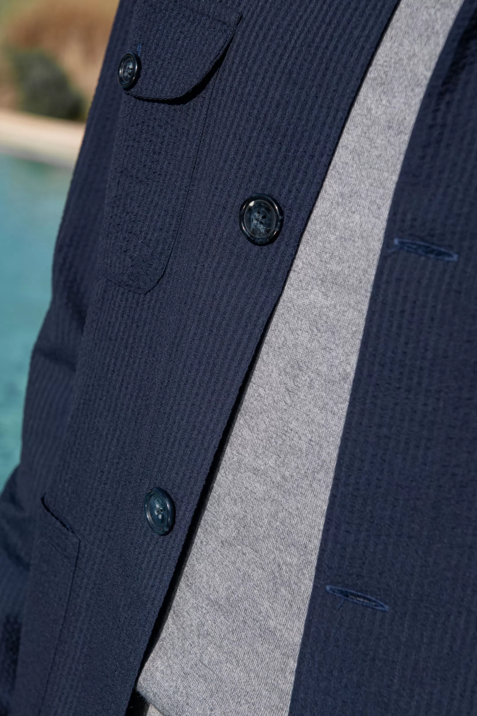 Best Pini Parma Giacca Safari Blu In Seersucker Loro Piana – Made In Italy