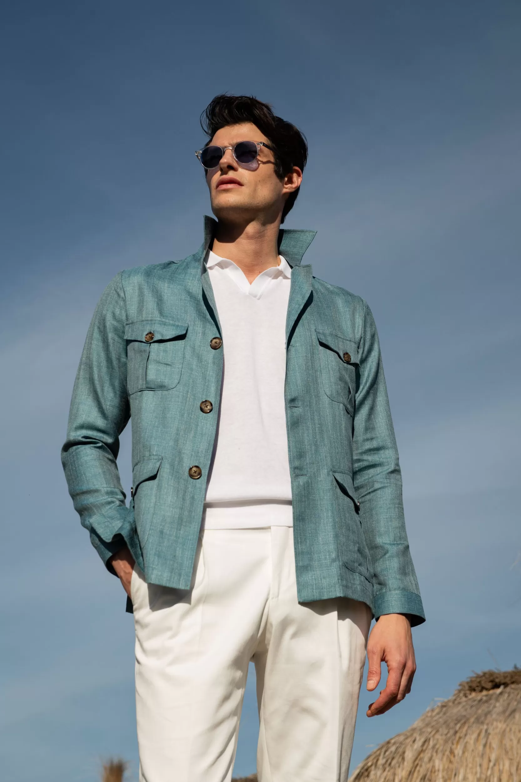 New Pini Parma Giacca Safari Verde Acqua In Lana Seta E Lino Loro Piana – Made In Italy
