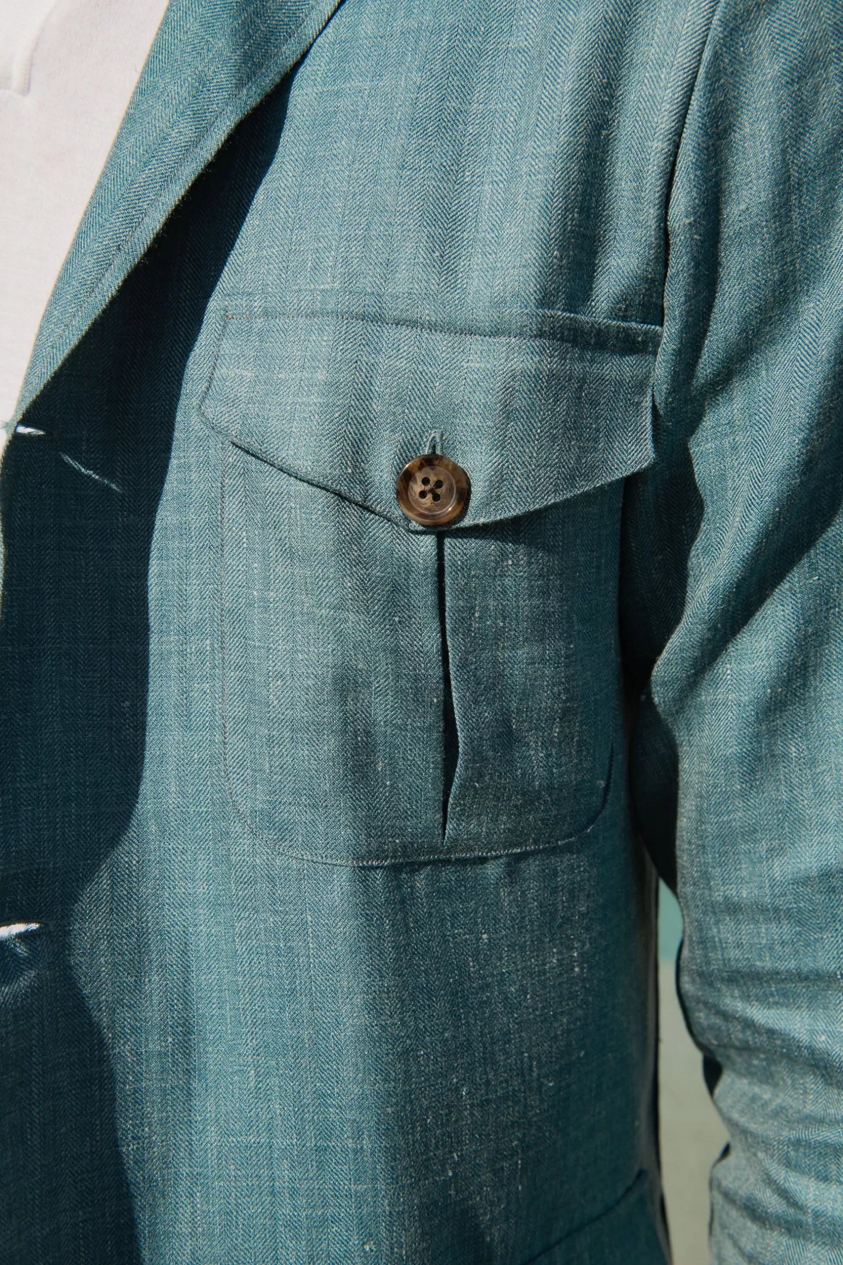 New Pini Parma Giacca Safari Verde Acqua In Lana Seta E Lino Loro Piana – Made In Italy