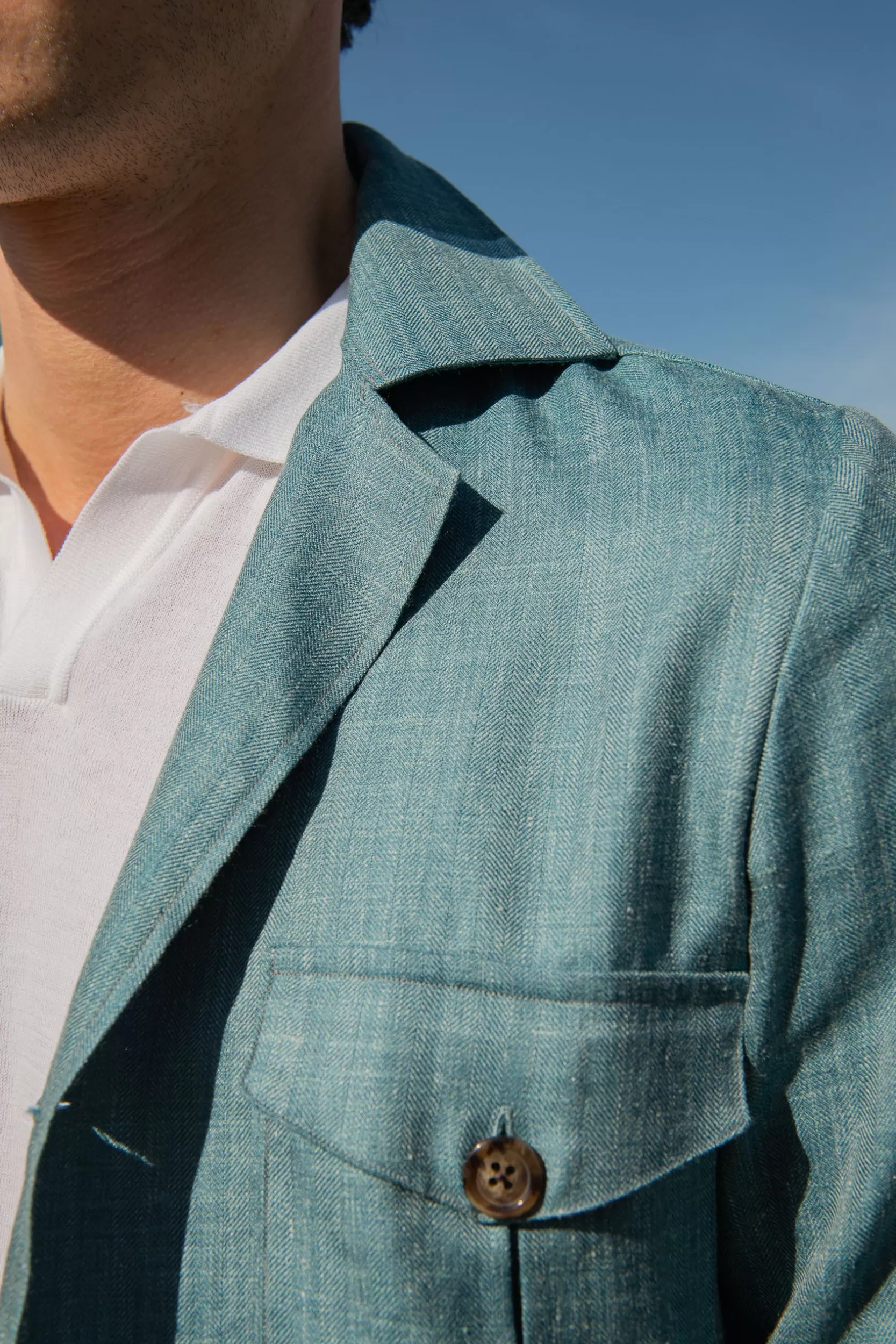 New Pini Parma Giacca Safari Verde Acqua In Lana Seta E Lino Loro Piana – Made In Italy