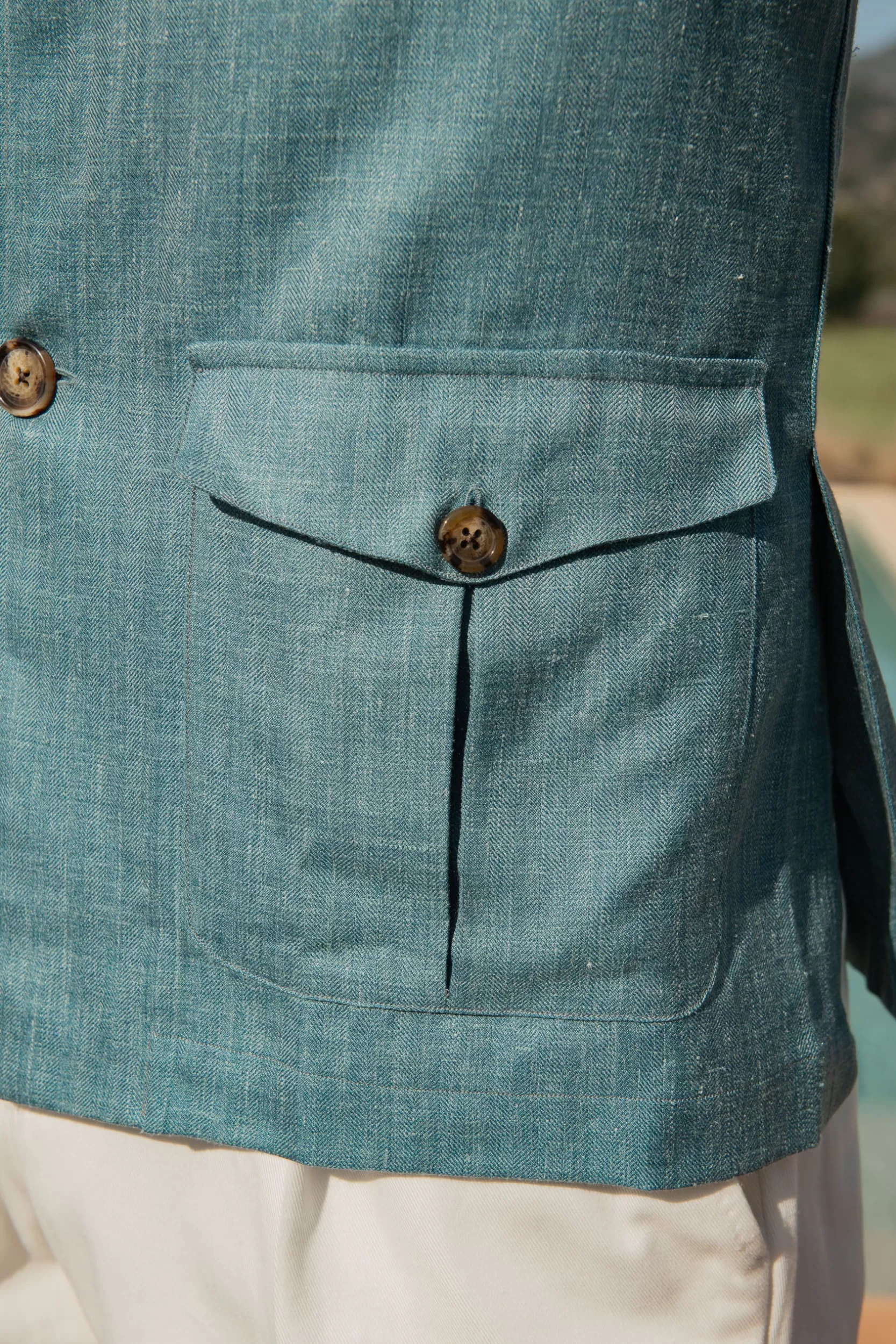 New Pini Parma Giacca Safari Verde Acqua In Lana Seta E Lino Loro Piana – Made In Italy