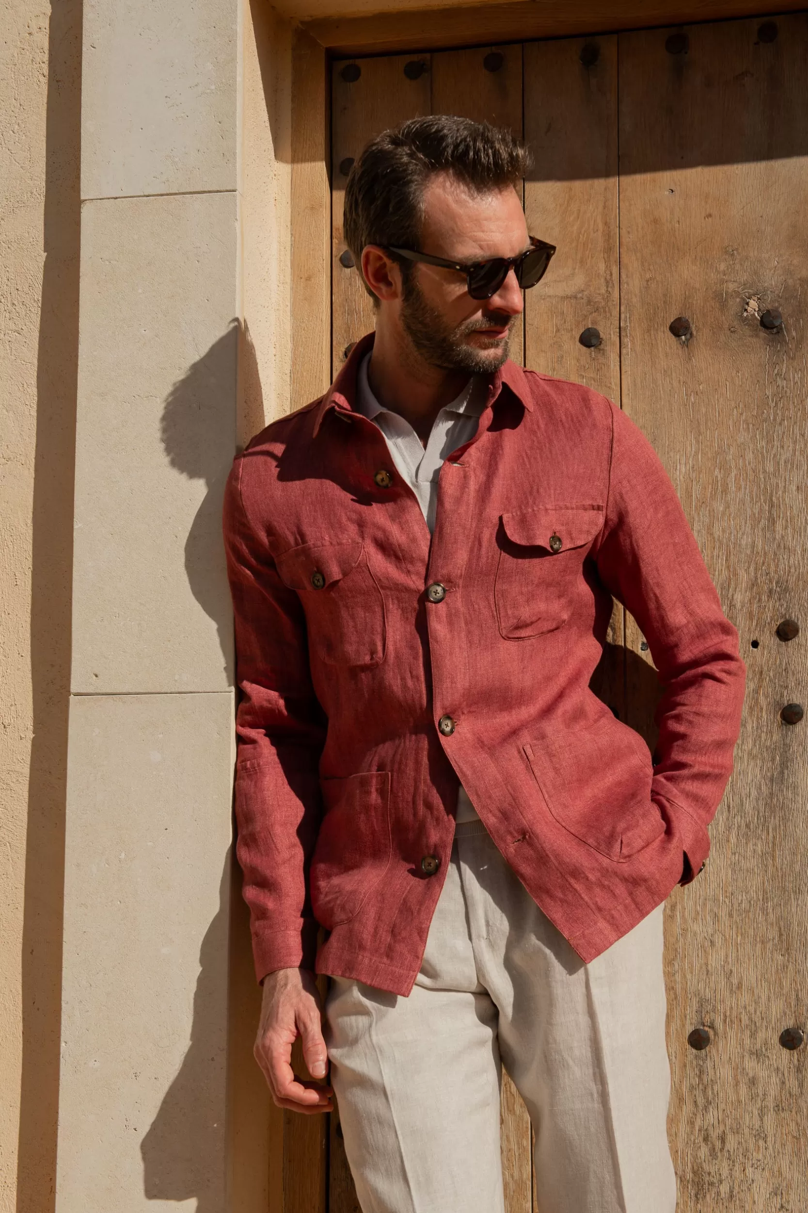 Discount Pini Parma Giacca Sahariana In Lino Spina Di Pesce Rossa – Made In Italy Rosso