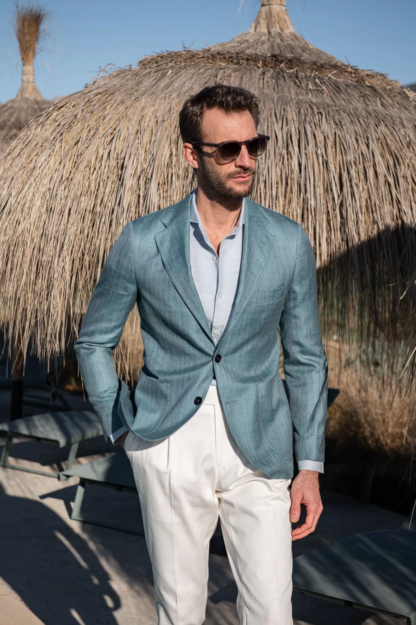 Fashion Pini Parma Giacca Spigata Verde Acqua In Lana Seta E Lino Loro Piana - Made In Italy