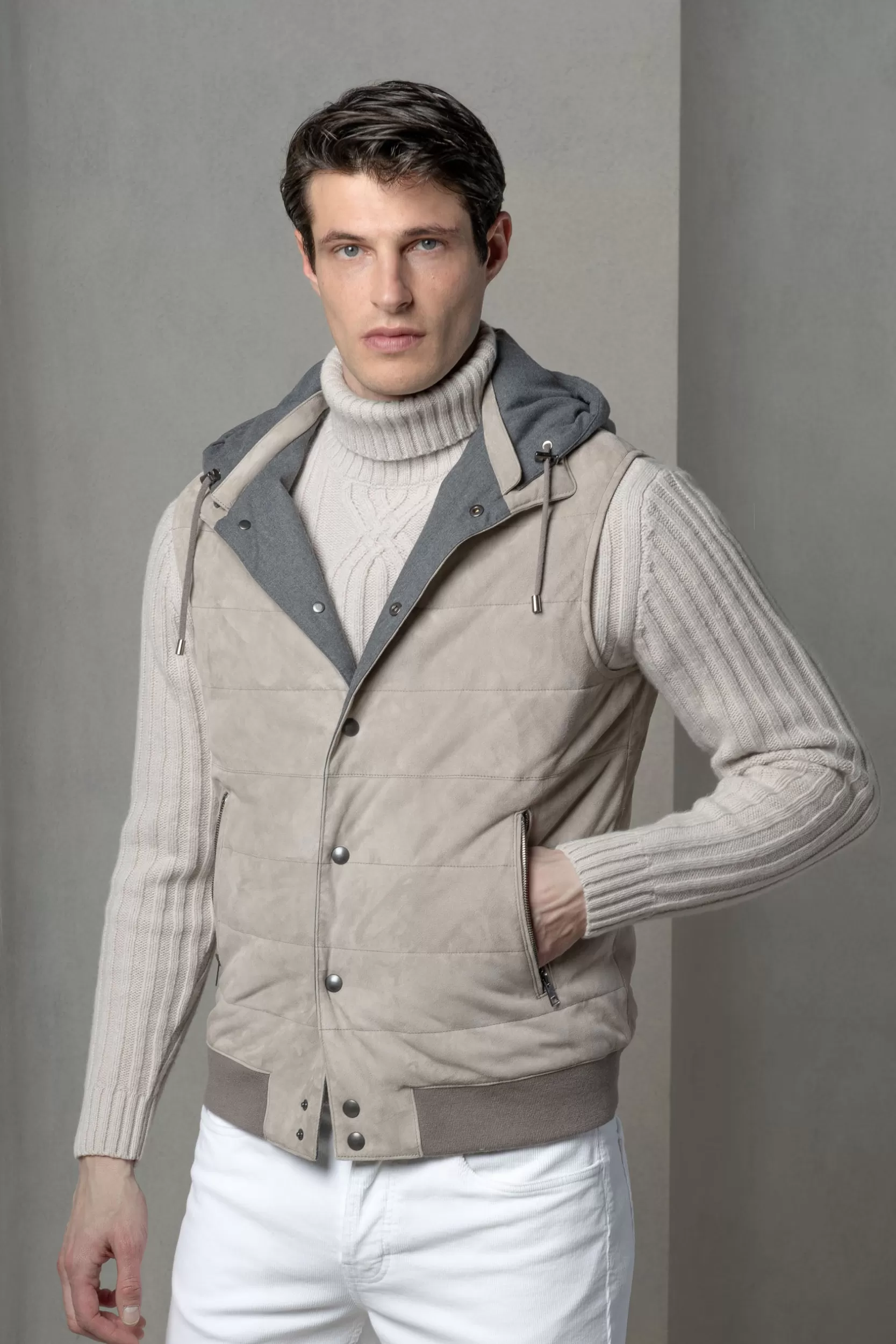 Cheap Pini Parma Gilet Imbottito In Suede Tortora - Made In Italy