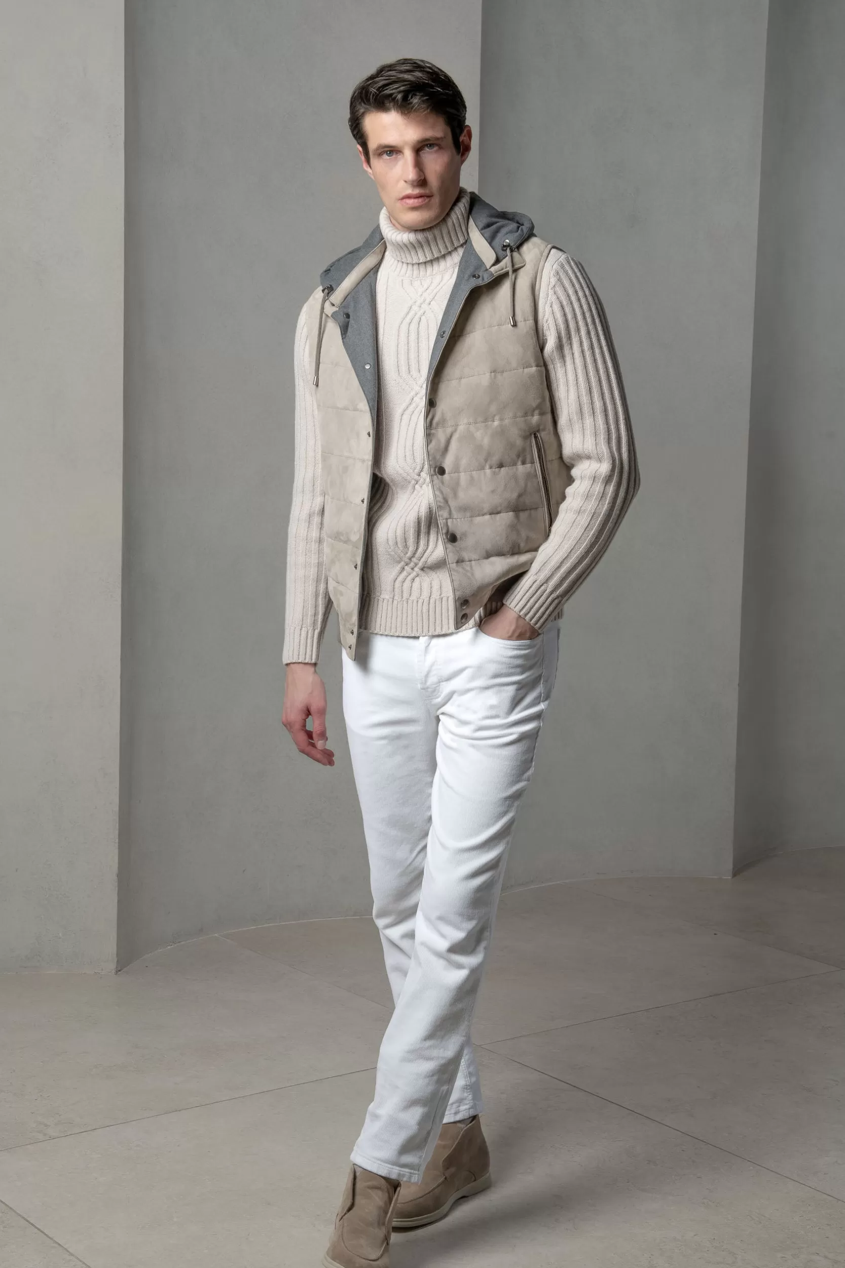 Cheap Pini Parma Gilet Imbottito In Suede Tortora - Made In Italy