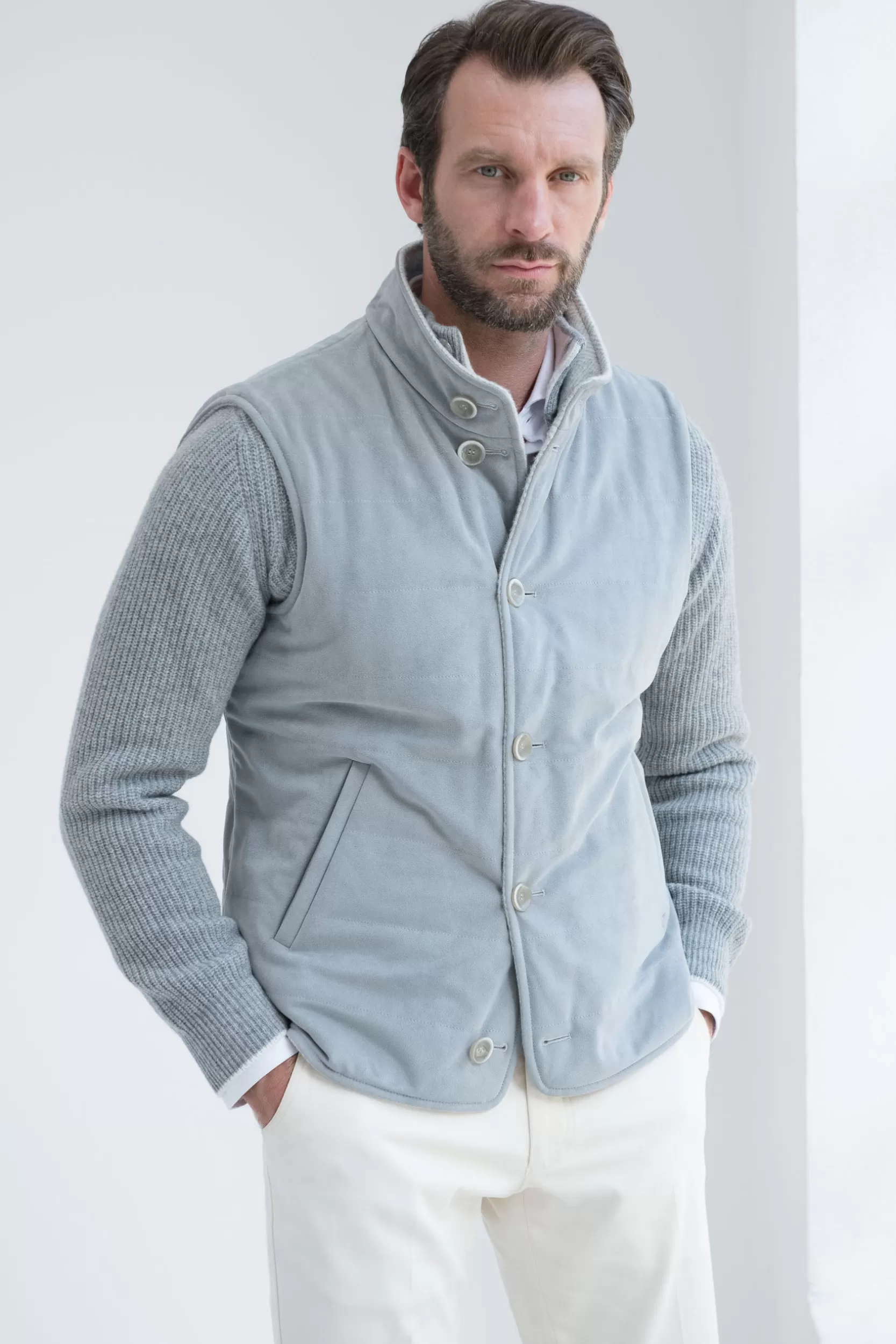 Online Pini Parma Gilet Reversibile In Alcantara Grigio Chiaro – Made In Italy
