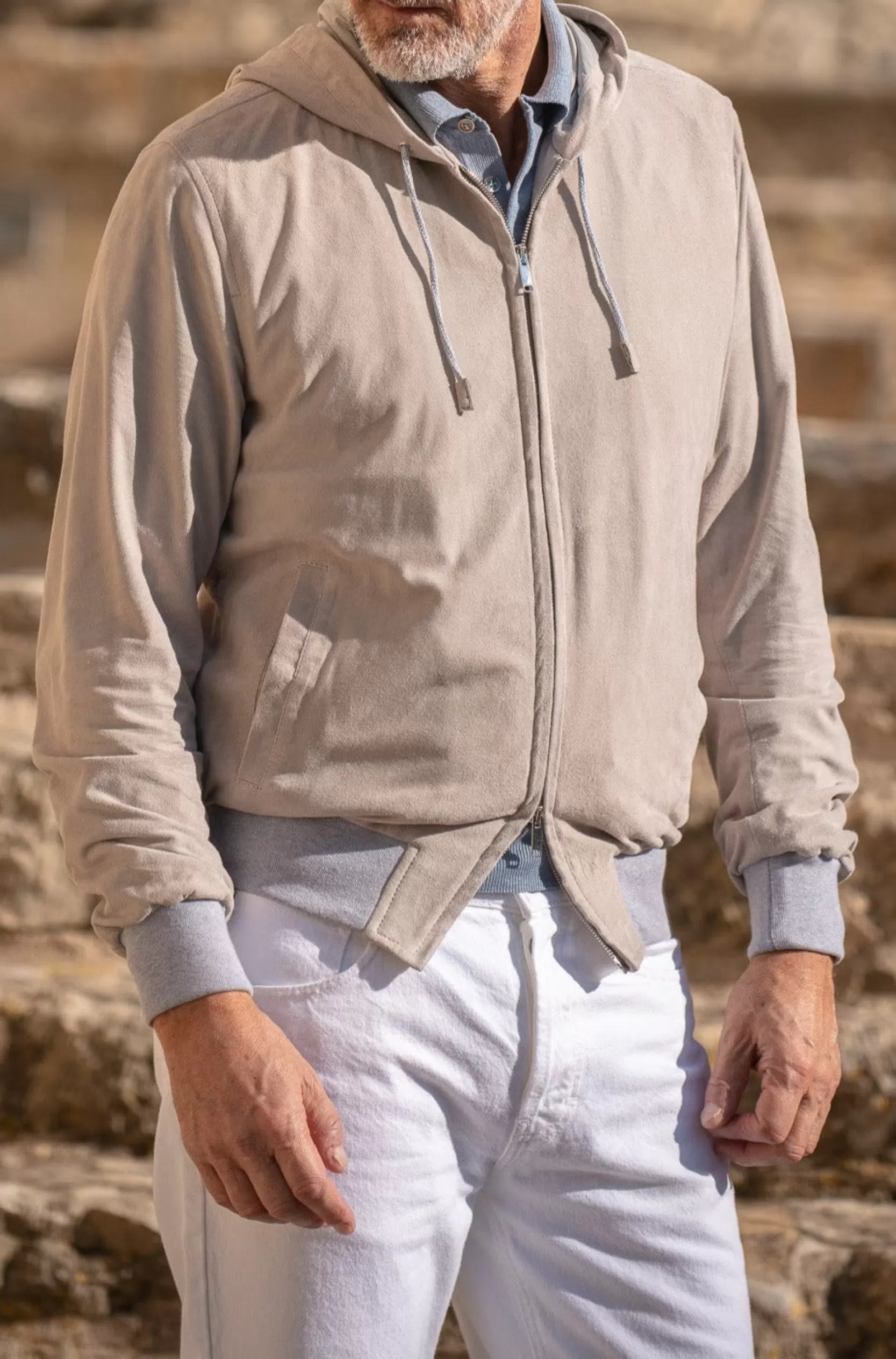 New Pini Parma Giubbotto Bomber Con Cappuccio In Suede Stone – Made In Italy