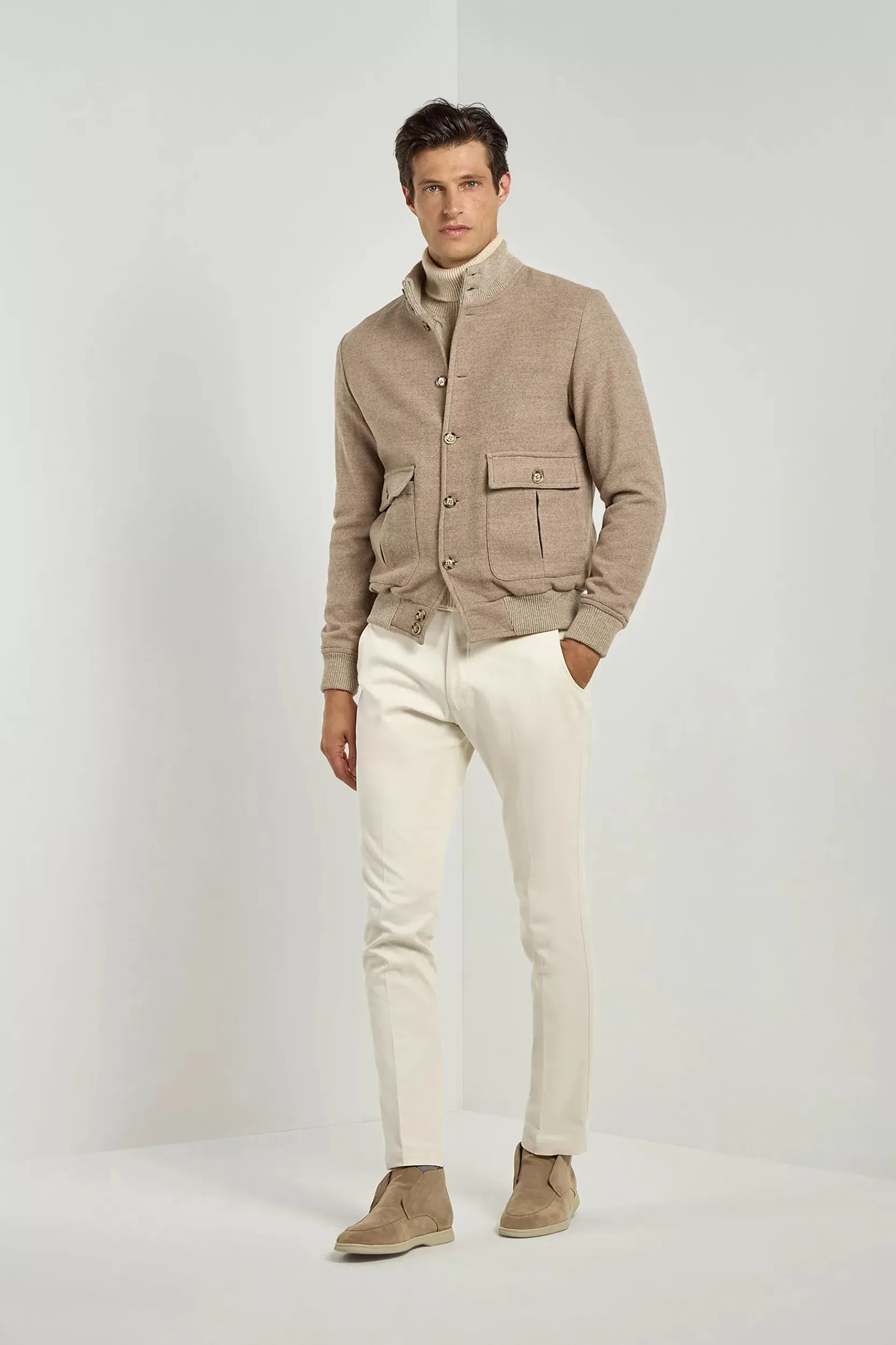 Best Sale Pini Parma Giubbotto Bomber In Flanella Di Lana Super 180's – Made In Italy Beige