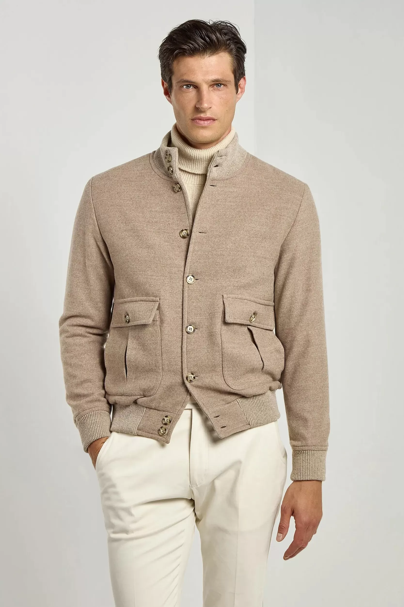 Best Sale Pini Parma Giubbotto Bomber In Flanella Di Lana Super 180's – Made In Italy Beige
