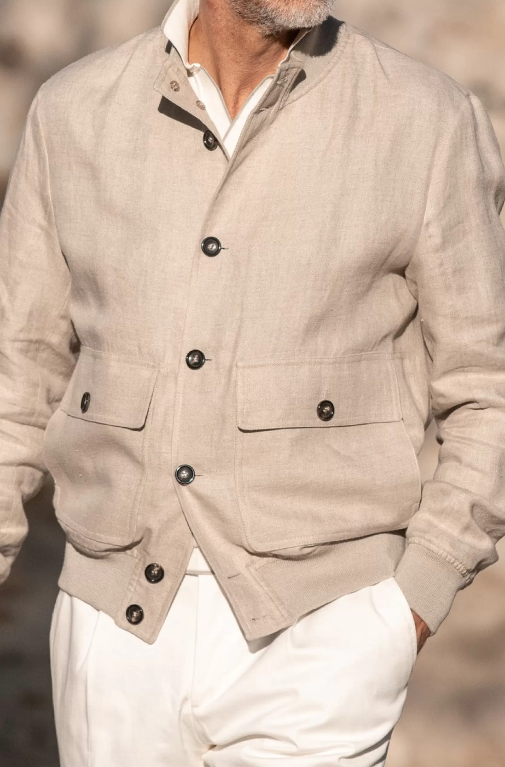 Shop Pini Parma Giubbotto Bomber In Lino Beige – Made In Italy