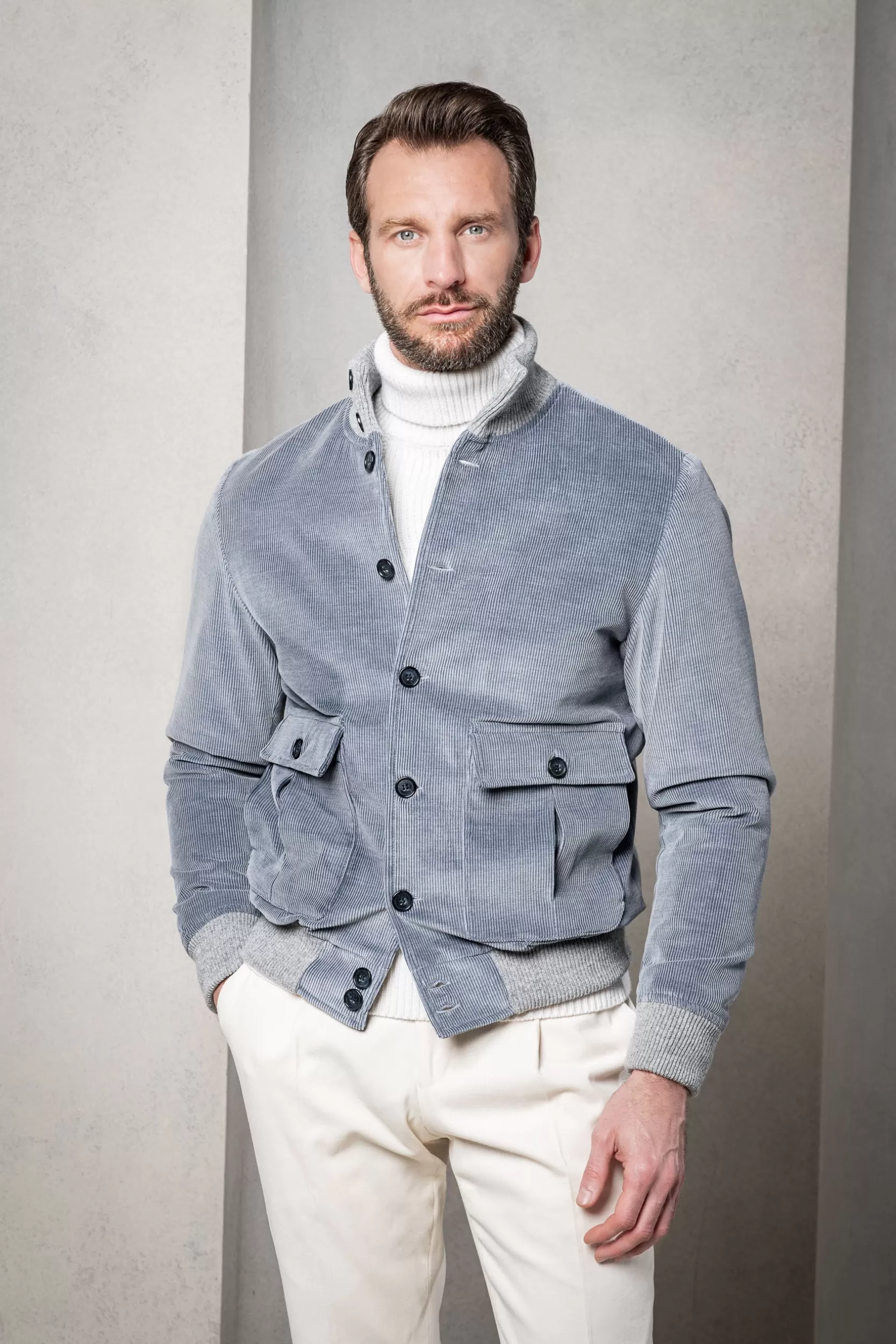 Store Pini Parma Giubbotto Bomber In Velluto A Coste – Made In Italy Azzurro