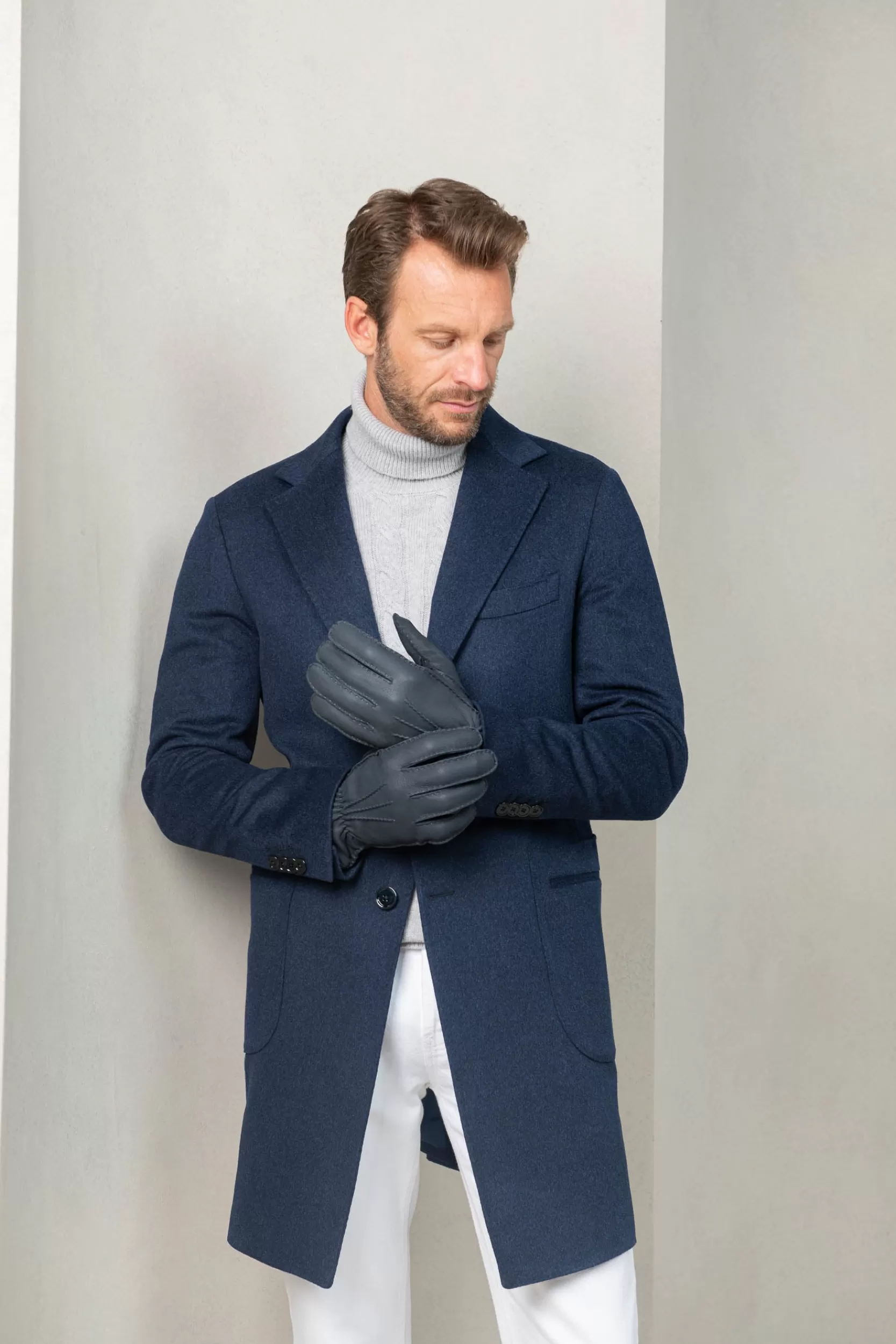 Best Sale Pini Parma Guanti In Pelle Di Cervo Foderati In Cashmere Polvere - Made In Italy Blu