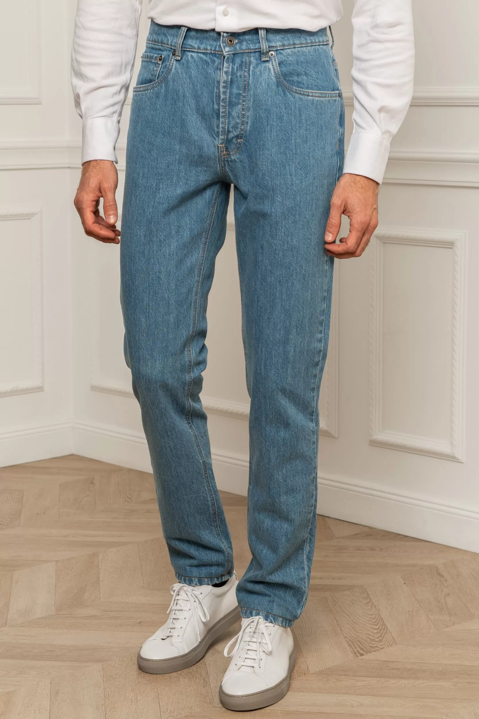 Fashion Pini Parma Jeans Sbiancato - Cotone Candiani - Made In Italy Azzurro