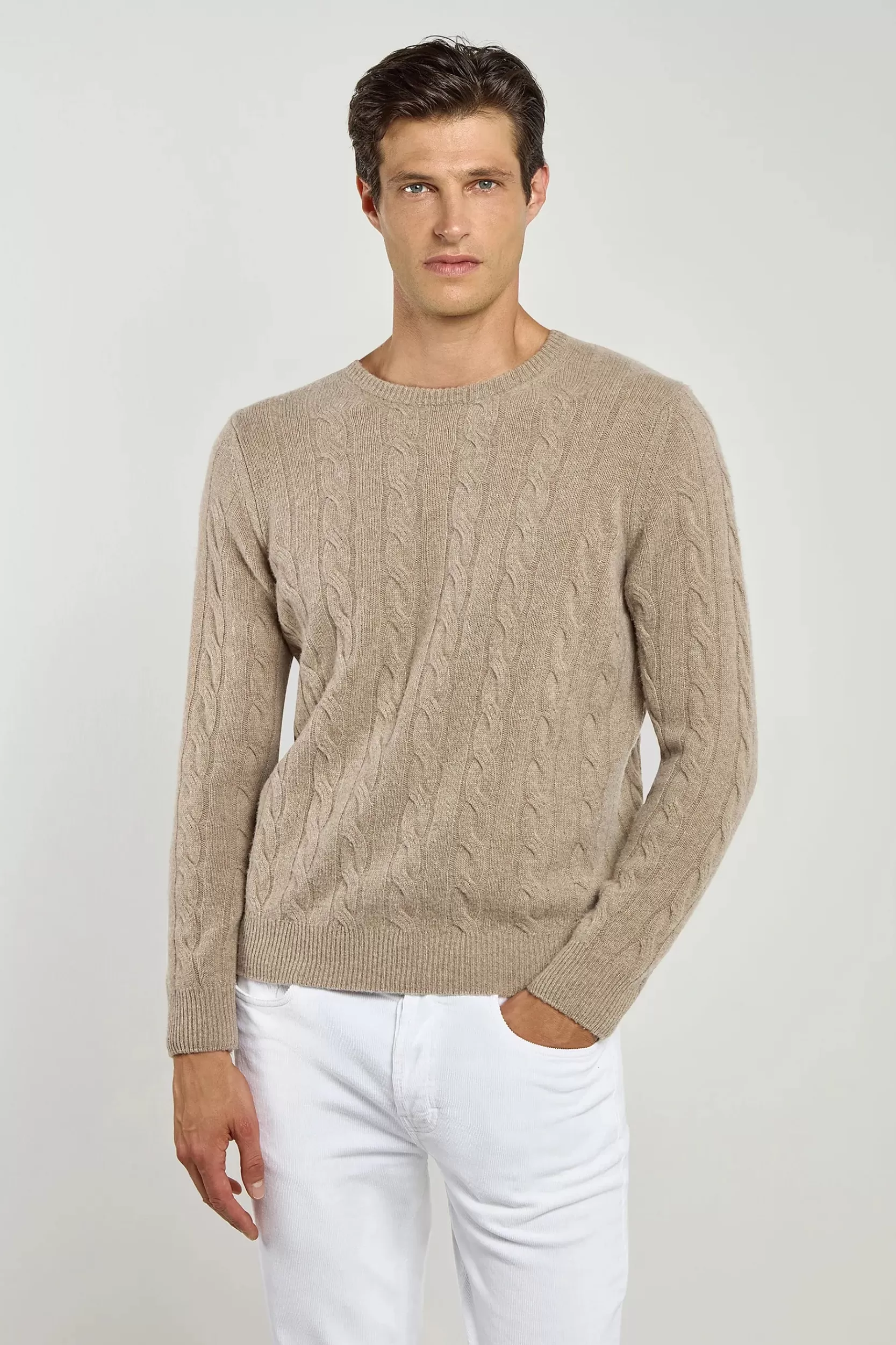 Shop Pini Parma Maglione Tortora Lavorato A Trecce – Made In Italy Talpa