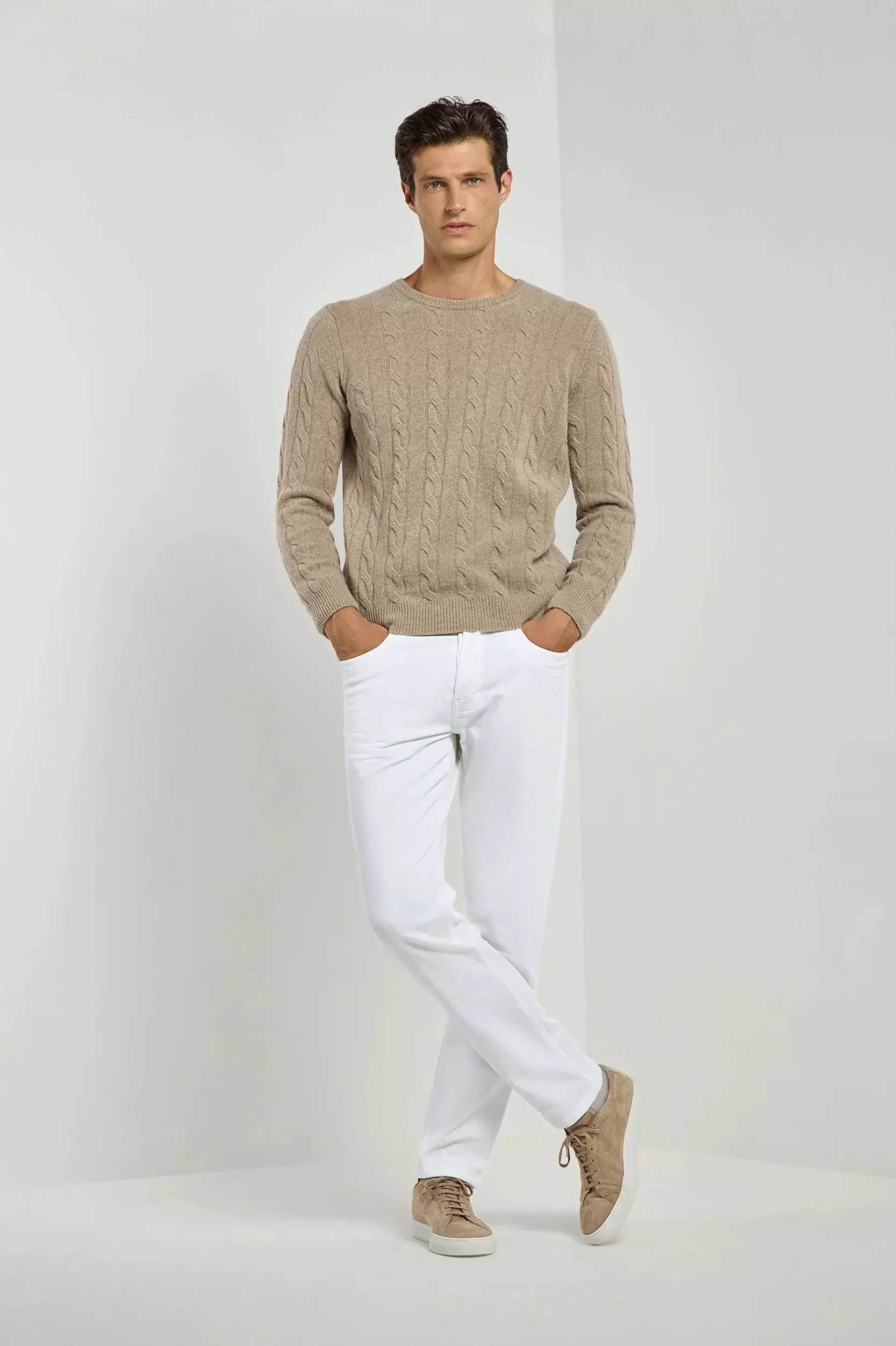 Shop Pini Parma Maglione Tortora Lavorato A Trecce – Made In Italy Talpa