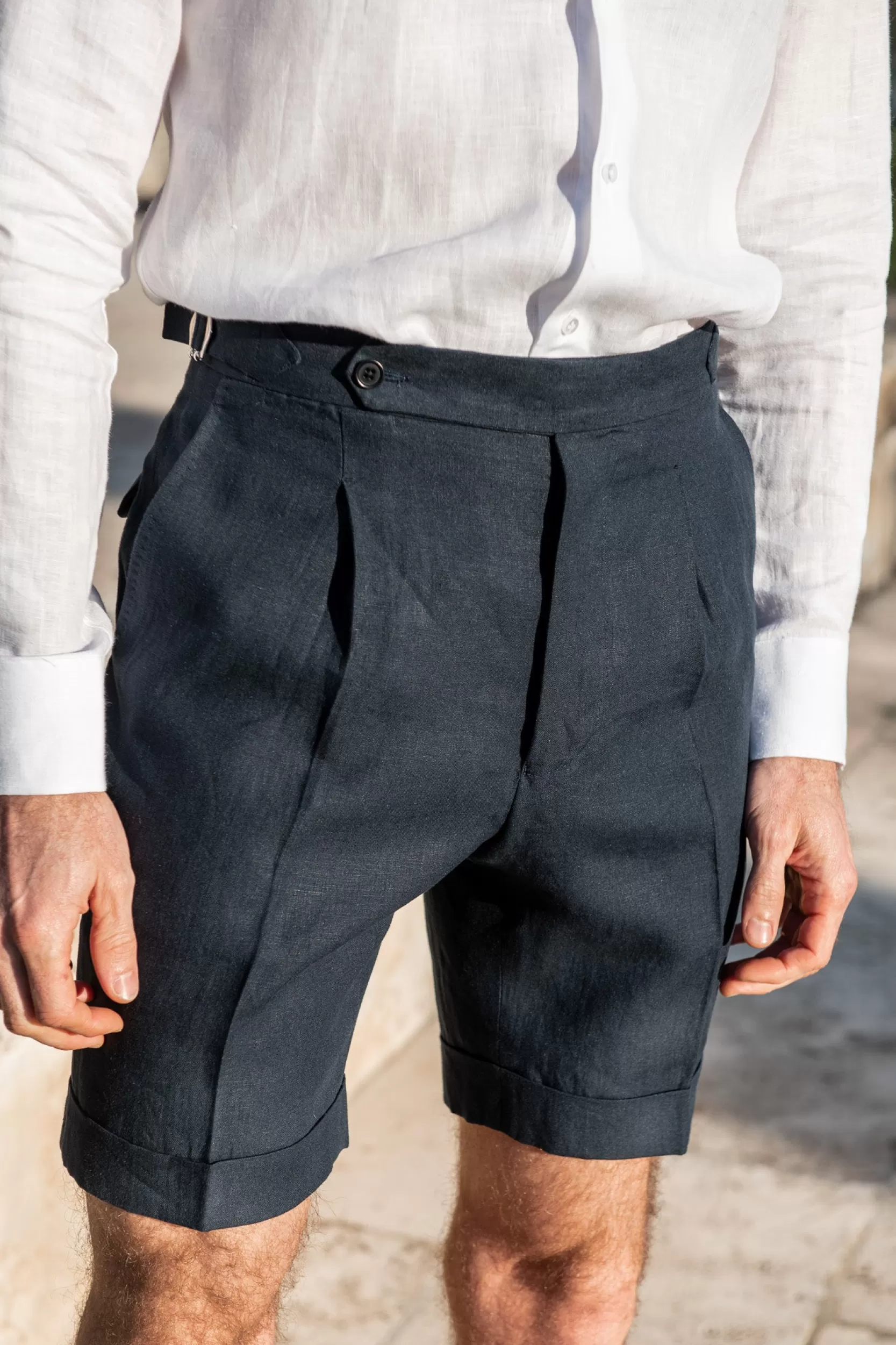 New Pini Parma Pantaloncini In Lino Blu Navy - Made In Italy