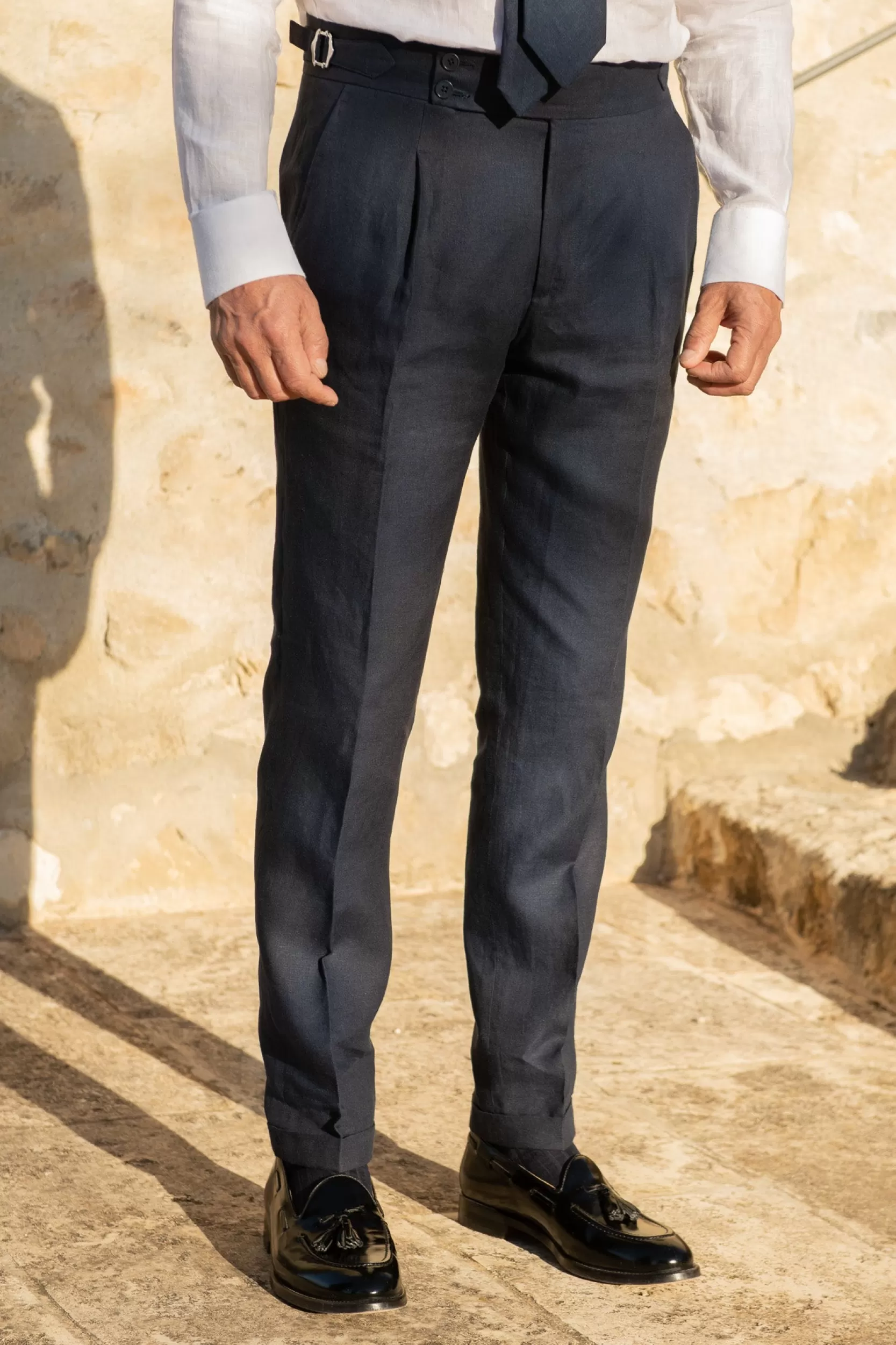 Fashion Pini Parma Pantaloni In Lino " Soragna Capsule Collection" - Made In Italy Blu