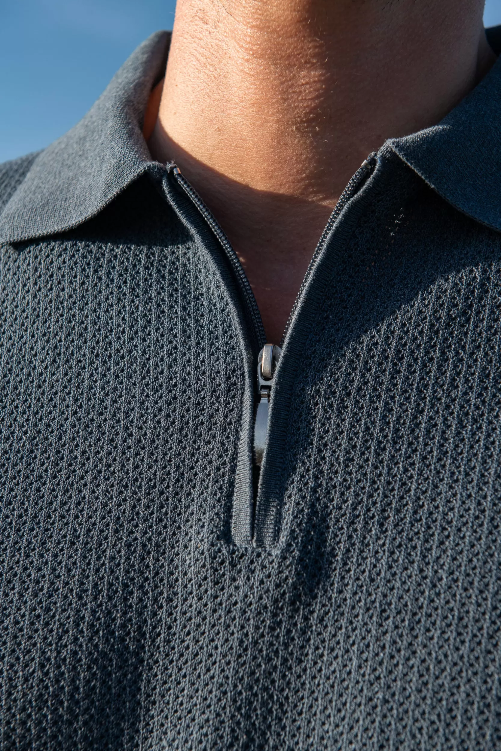 Fashion Pini Parma Polo In Maglia Testurizzata Con Zip - Made In Italy Blue Avio