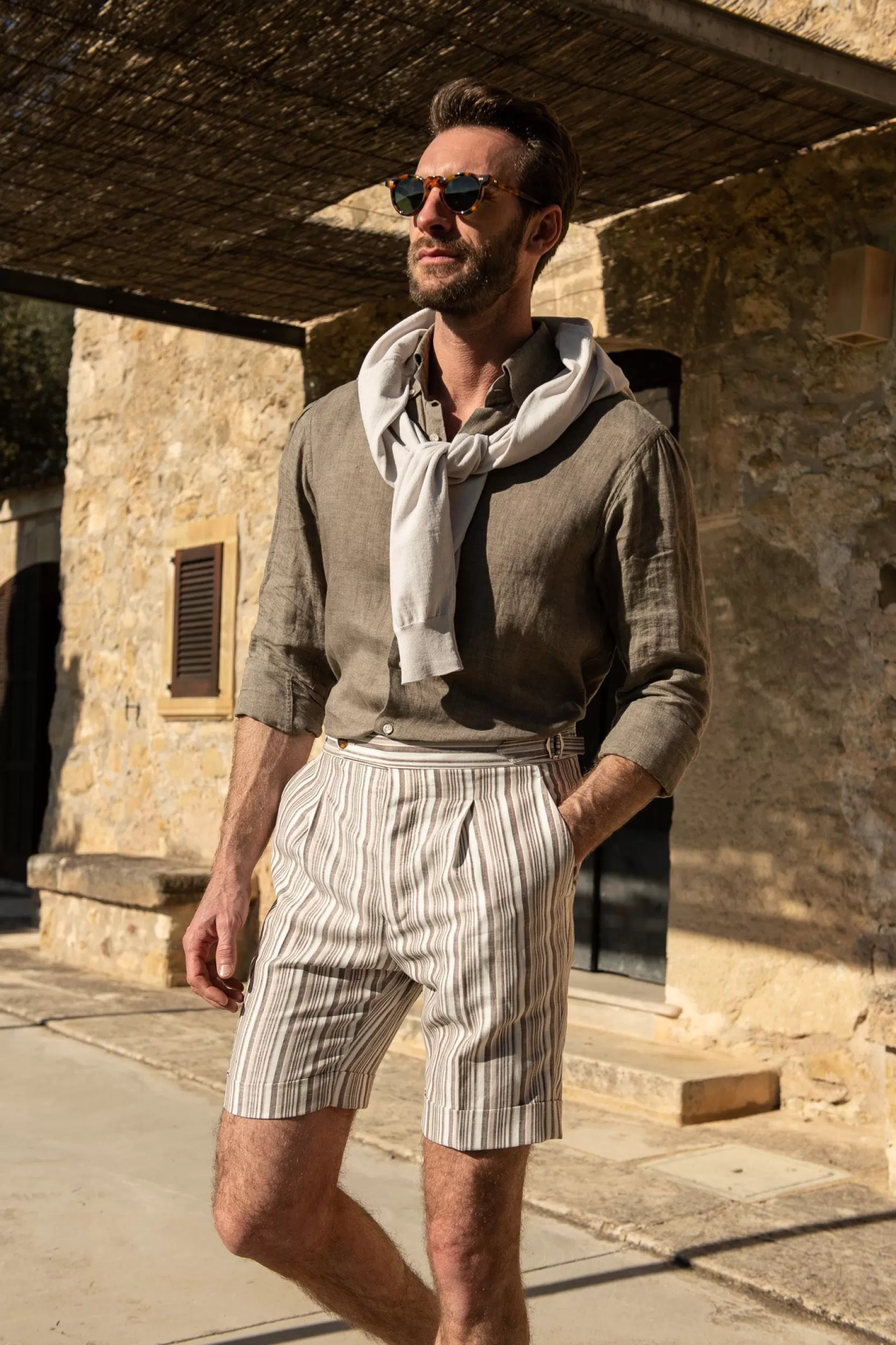 Hot Pini Parma Shorts In Lino A Righe - Made In Italy