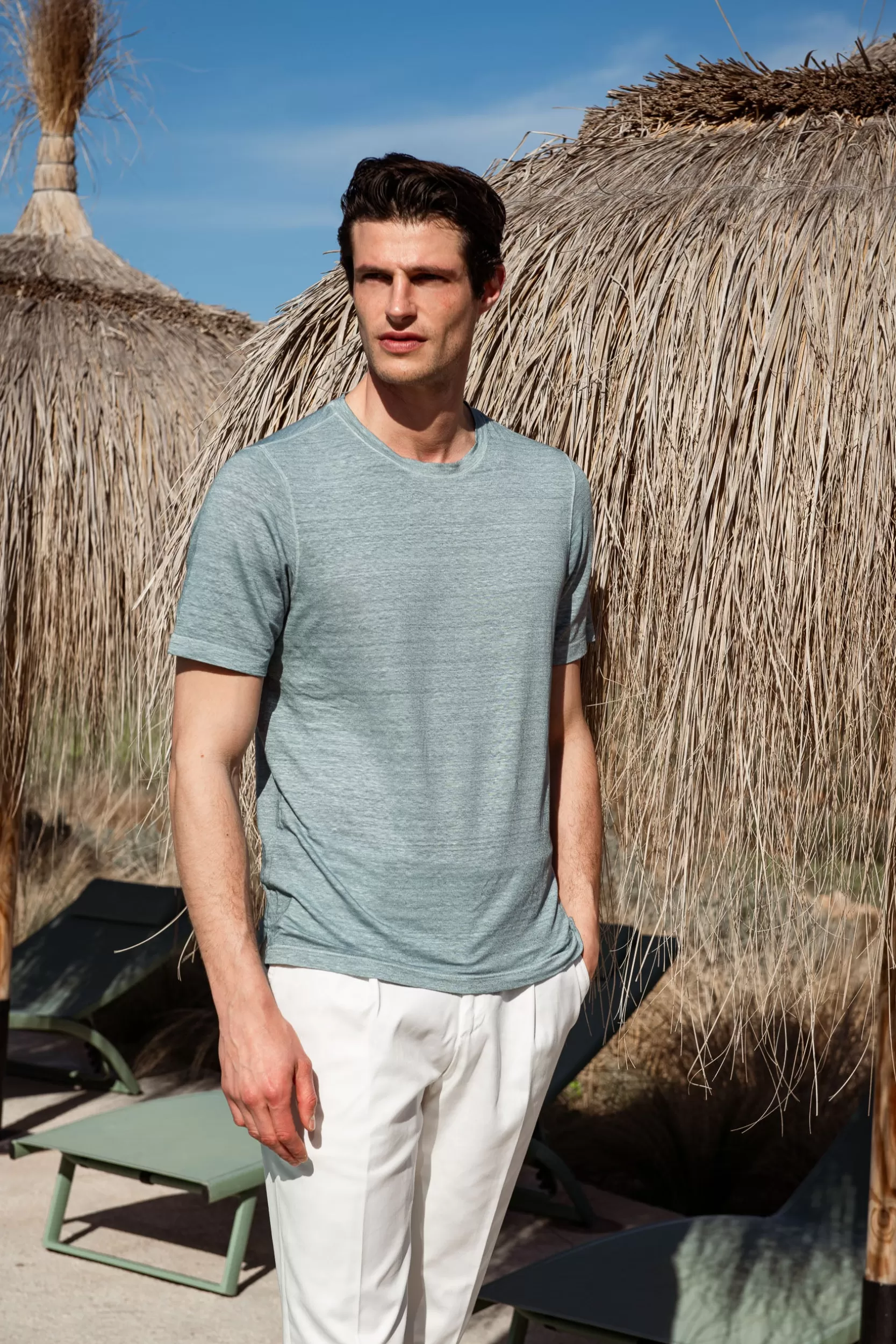 Hot Pini Parma T-shirt In Lino - Made In Italy Azzurro