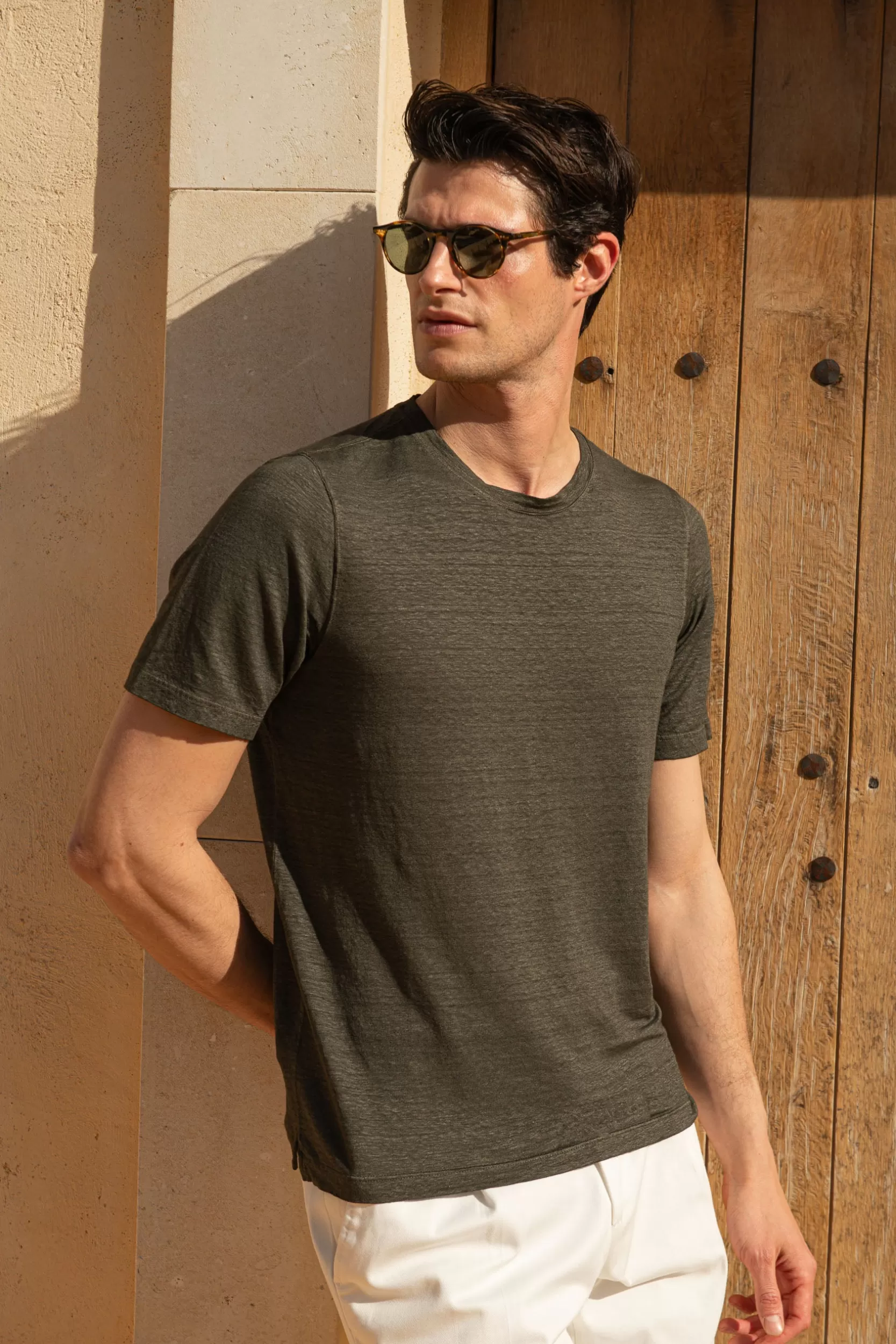Hot Pini Parma T-shirt In Lino - Made In Italy Verde