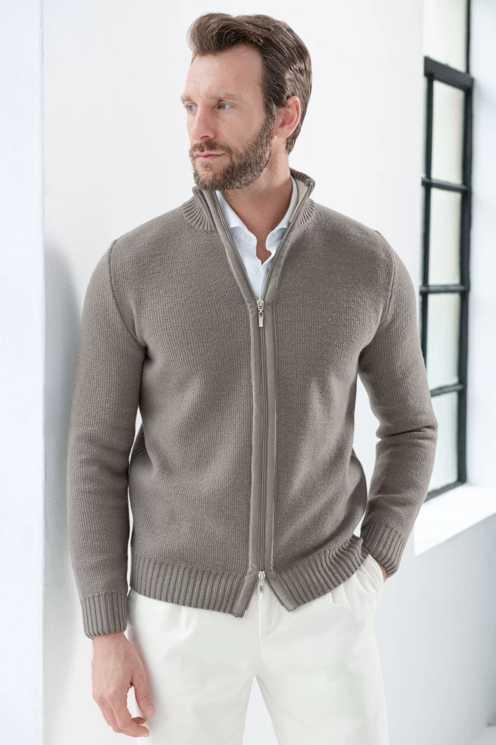 Shop Pini Parma Zip Intera In Misto Cashmere Nido D'ape Tortora – Made In Italy Talpa